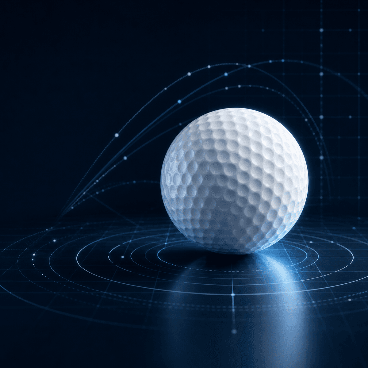 A golf ball surrounded by abstract launch-monitor measurement arcs