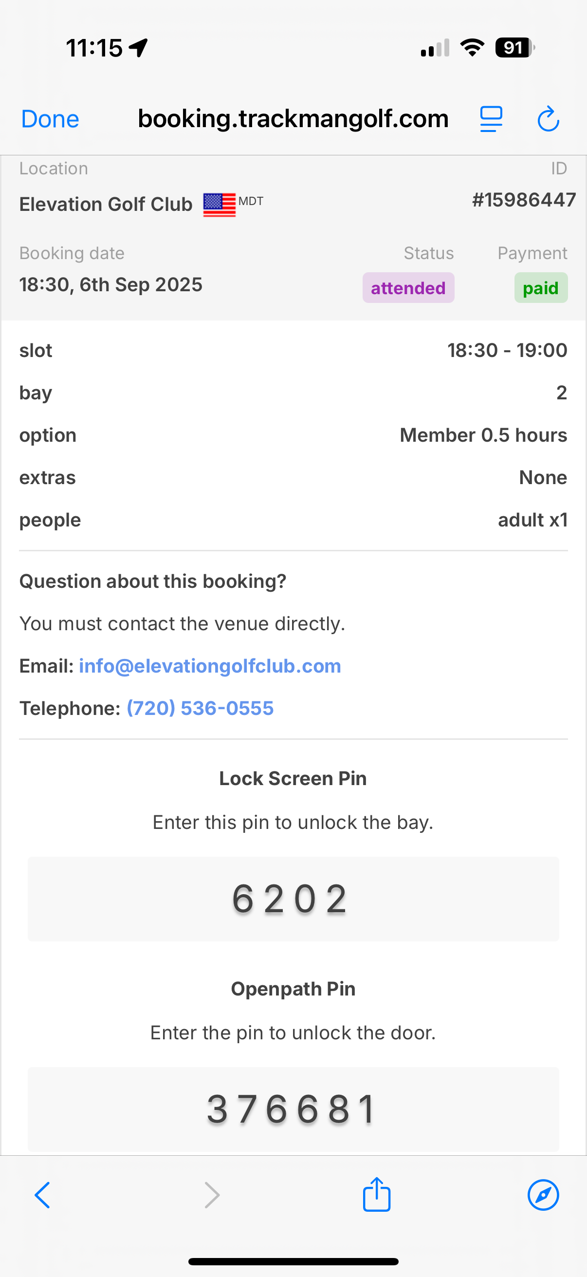 Example booking confirmation with access codes